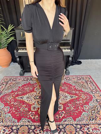 Canga Kemer Detay Yırtmaçlı Abiye SİYAH