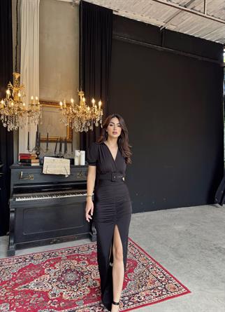 Canga Kemer Detay Yırtmaçlı Abiye SİYAH