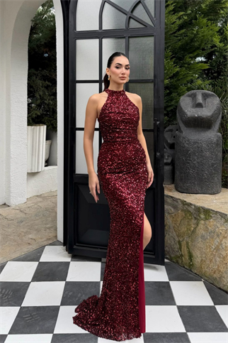 Carolina Dik Yaka Payet Yırtmaç Detay Abiye 1175