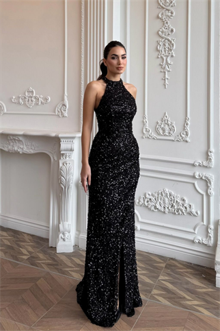 Carolina Dik Yaka Payet Yırtmaç Detay Abiye 1175