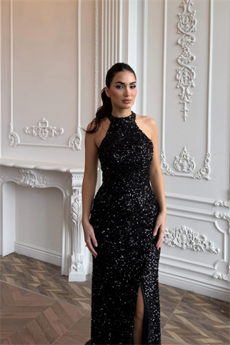 Carolina Dik Yaka Payet Yırtmaç Detay Abiye 1175