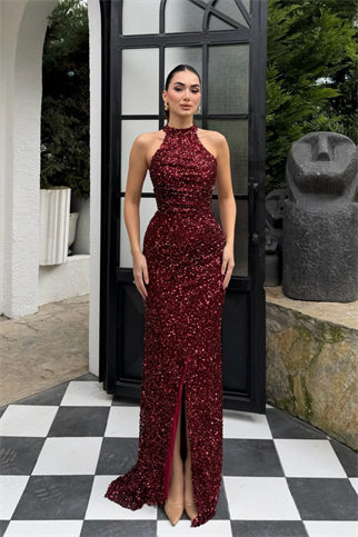 Carolina Dik Yaka Payet Yırtmaç Detay Abiye 1175