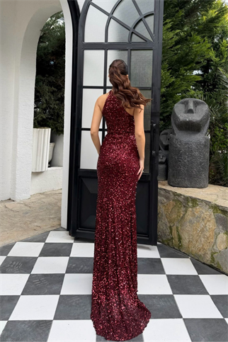 Carolina Dik Yaka Payet Yırtmaç Detay Abiye 1175