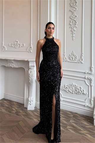 Carolina Dik Yaka Payet Yırtmaç Detay Abiye 1175