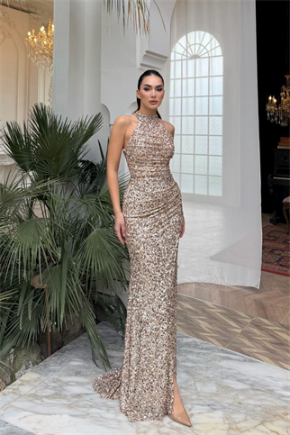 Carolina Dik Yaka Payet Yırtmaç Detay Abiye 1175