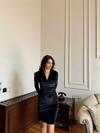 Caster Kadife Tasarım Elbise 2985 SİYAH