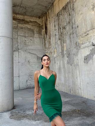 Cemre İp Askılı Tüylü Mini Elbise 582843 ZÜMRÜT