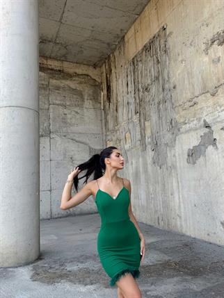 Cemre İp Askılı Tüylü Mini Elbise 582843 ZÜMRÜT