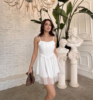 Cloe Tüllü Askılı Mini Elbise 13389 BEYAZ