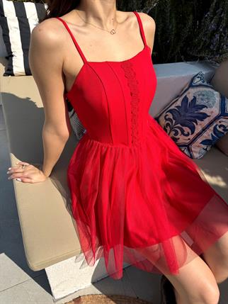 Cloe Tüllü Askılı Mini Elbise 13389 KIRMIZI