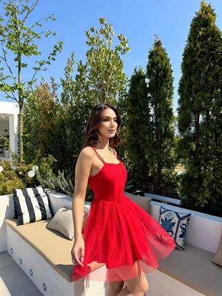 Cloe Tüllü Askılı Mini Elbise 13389 KIRMIZI