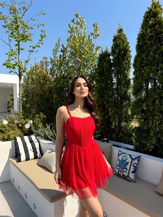 Cloe Tüllü Askılı Mini Elbise 13389 KIRMIZI