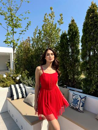 Cloe Tüllü Askılı Mini Elbise 13389 KIRMIZI