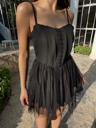 Cloe Tüllü Askılı Mini Elbise 13389 SİYAH