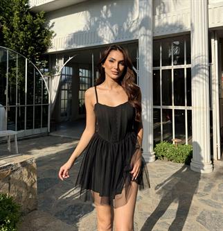 Cloe Tüllü Askılı Mini Elbise 13389 SİYAH