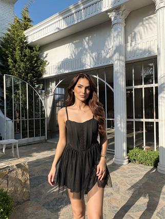 Cloe Tüllü Askılı Mini Elbise 13389 SİYAH