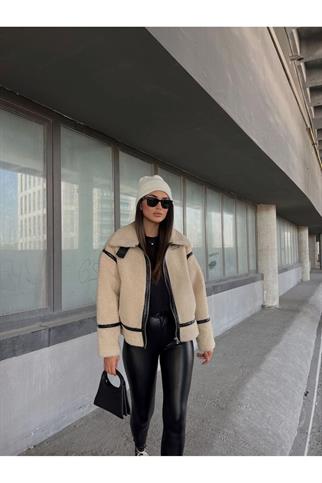 Dean Kürklü Biker Ceket 20037 KREM