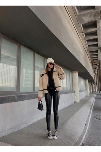 Dean Kürklü Biker Ceket 20037 KREM