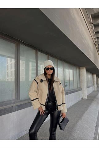 Dean Kürklü Biker Ceket 20037 KREM