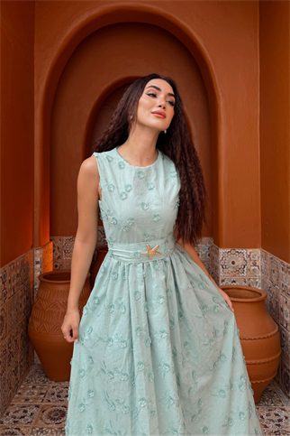 Deniz Poplin Kumaş Kolsuz Midi Elbise 8456