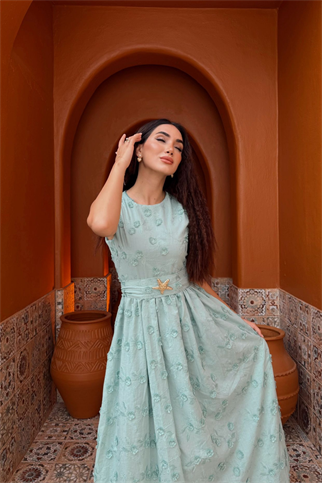 Deniz Poplin Kumaş Kolsuz Midi Elbise 8456