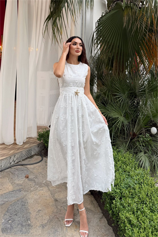 Deniz Poplin Kumaş Kolsuz Midi Elbise 8456