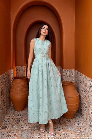 Deniz Poplin Kumaş Kolsuz Midi Elbise 8456