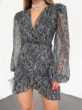 Desenli Kruvaze Şifon Elbise 2968 SİYAH-BEYAZ C5X