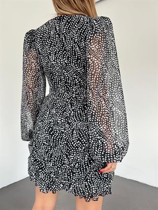 Desenli Kruvaze Şifon Elbise 2968 SİYAH-BEYAZ C5X