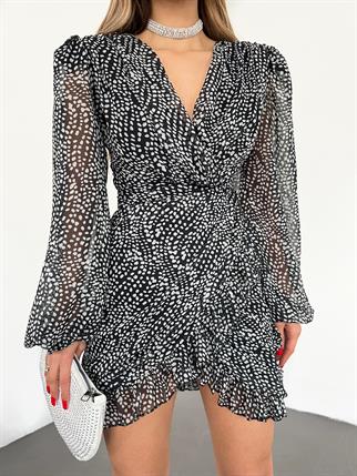 Desenli Kruvaze Şifon Elbise 2968 SİYAH-BEYAZ C5X