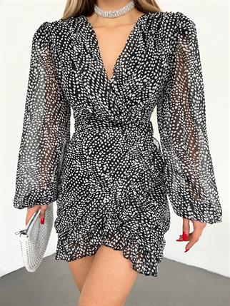 Desenli Kruvaze Şifon Elbise 2968 SİYAH-BEYAZ C5X