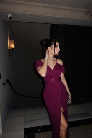 Destina Düşük Omuz İp Askı Yırtmaçlı Abiye MÜRDÜM