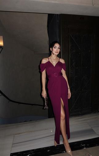 Destina Düşük Omuz İp Askı Yırtmaçlı Abiye MÜRDÜM