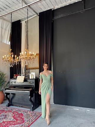 Destina Düşük Omuz İp Askı Yırtmaçlı Abiye MİNT YEŞİLİ B2X