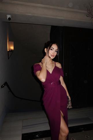 Destina Düşük Omuz İp Askı Yırtmaçlı Abiye MÜRDÜM
