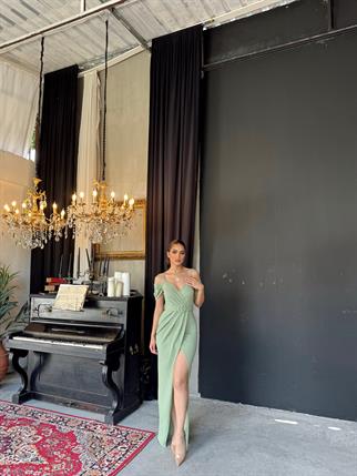 Destina Düşük Omuz İp Askı Yırtmaçlı Abiye MİNT YEŞİLİ B2X