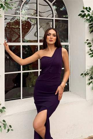 Devy Tek Omuz Yırtmaç Detay Maxi Elbise MOR