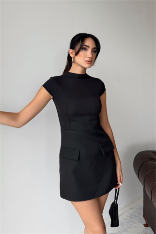 Dik Yaka Cep Detay Mini Elbise 9393
