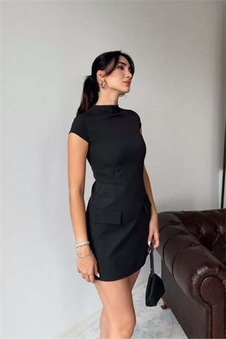 Dik Yaka Cep Detay Mini Elbise 9393