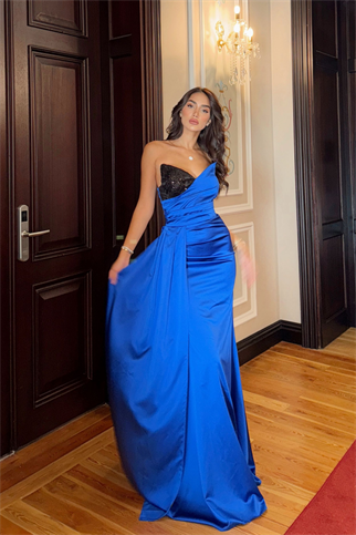Dina Göğüs İşleme Detay Saten Abiye 9320 SAKS MAVİSİ 