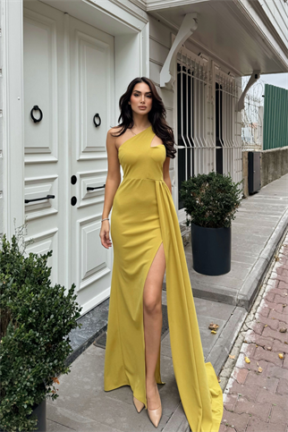Diva Kuyruklu Yırtmaçlı Abiye 582475 YAĞ YEŞİLİ