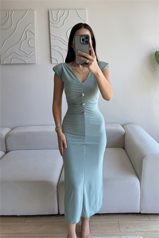 Dora V Yaka Düğmeli Büzgülü Elbise 13754 MİNT YEŞİLİ