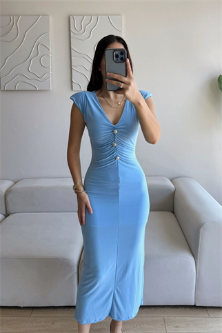 Dora V Yaka Düğmeli Büzgülü Elbise 13754 BEBE MAVİSİ