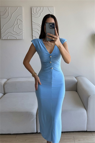 Dora V Yaka Düğmeli Büzgülü Elbise 13754 BEBE MAVİSİ