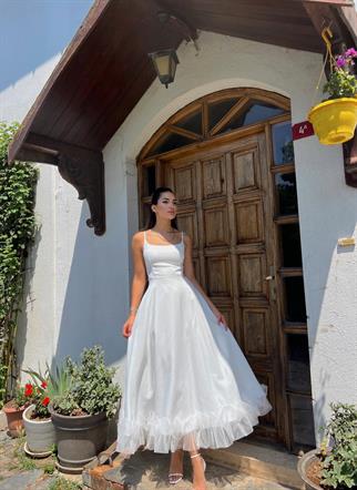 Drew Etek Ucu Asimetrik Kıvrımlı Midi Boy Elbise 9326 BEYAZ