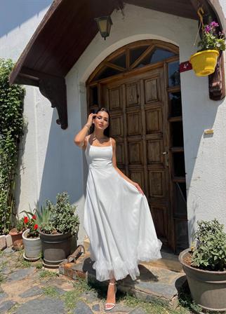 Drew Etek Ucu Asimetrik Kıvrımlı Midi Boy Elbise 9326 BEYAZ