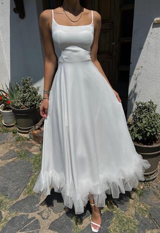 Drew Etek Ucu Asimetrik Kıvrımlı Midi Boy Elbise 9326 BEYAZ