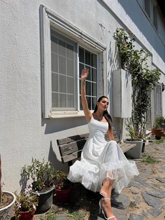 Drew Etek Ucu Asimetrik Kıvrımlı Midi Boy Elbise 9326 BEYAZ