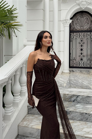 Ece Güpür Detay Straplez Kol Eldiven Detay Abiye 405