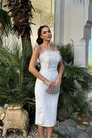 Efsun Straplez Otriş Detay Midi Elbise 9309 BEYAZ